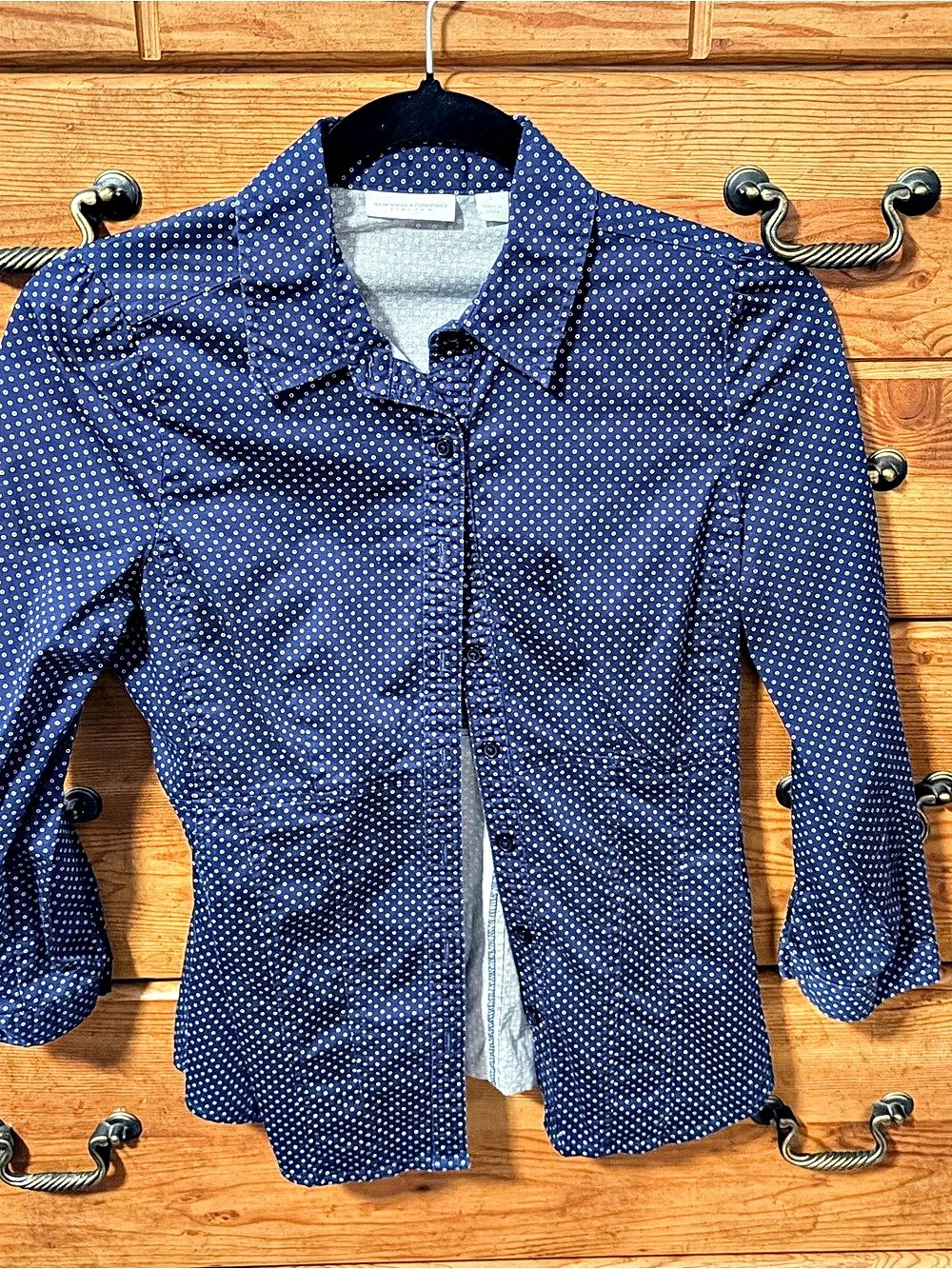 New York & Company Polka Dot Button Down Blue & White